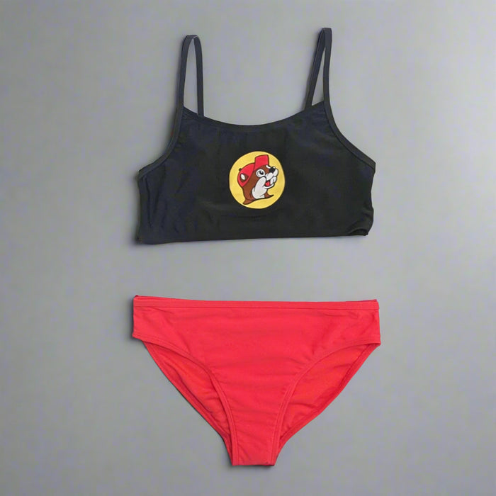 Buc-ee's Youth Girls Logo Swim Set. Bottoms are red and top in black with logo on front. 