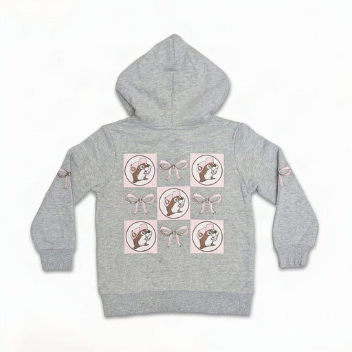 Back of the gray youth hoodie with a grid of Buc-ee the Beaver and bows