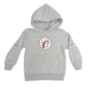 Light grey youth hoodie with a center graphic of Buc-ee in a pink hat, pink ribbon bows printed on the sleeves, and a front kangaroo pocket.