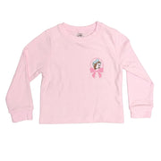 Baby-pink youth long-sleeve lounge top laid flat featuring a small left-chest graphic of Buc-ee framed by a pink ribbon bow.
