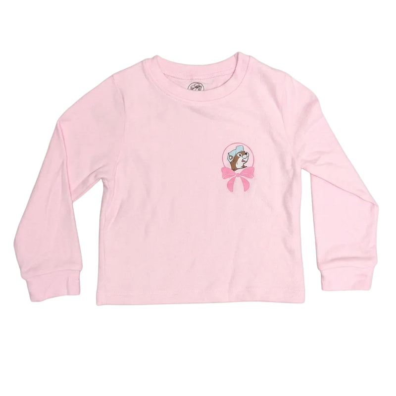 Baby-pink youth long-sleeve lounge top laid flat featuring a small left-chest graphic of Buc-ee framed by a pink ribbon bow.
