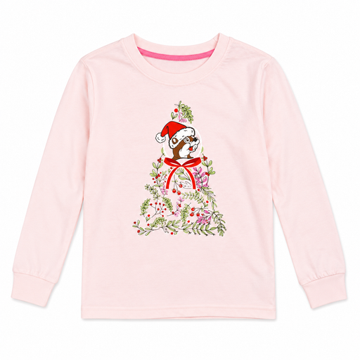 Light pink youth long-sleeve shirt featuring a centered graphic of a Christmas tree made of green leaves, pink flora, and berries with a red bow and Santa Buc-ee.