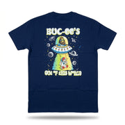 The back graphic of a Buc-ee's Youth Sasquatch Alien Navy Shirt, featuring a Sasquatch in a UFO beaming down astronaut Buc-ee.