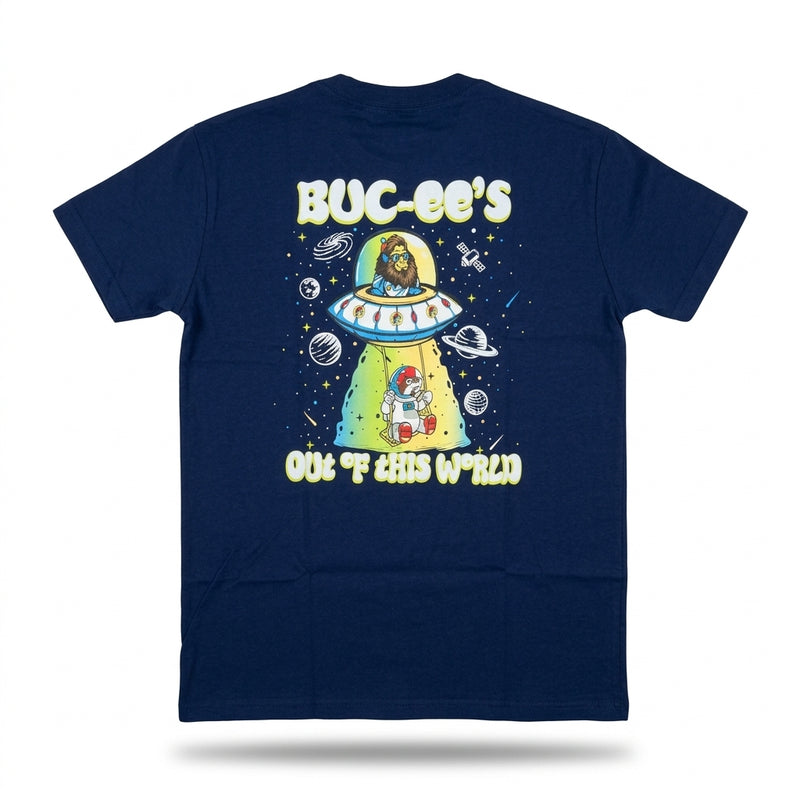 The back graphic of a Buc-ee's Youth Sasquatch Alien Navy Shirt, featuring a Sasquatch in a UFO beaming down astronaut Buc-ee.