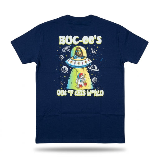 Back of the navy youth Sasquatch alien shirt with UFO and Buc-ee's lettering