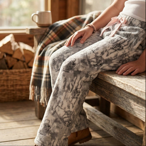 A close-up photograph of a youth sitting on a wooden bench by a window, wearing Buc-ee's grey and white camo plush sherpa lounge pants with a pink drawstring and tan boots.