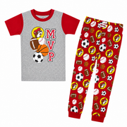 Buc-ee's youth 2-piece sports pajama set with a short-sleeve heather grey top featuring an MVP graphic and matching red pants covered in sports balls and beaver logos.
