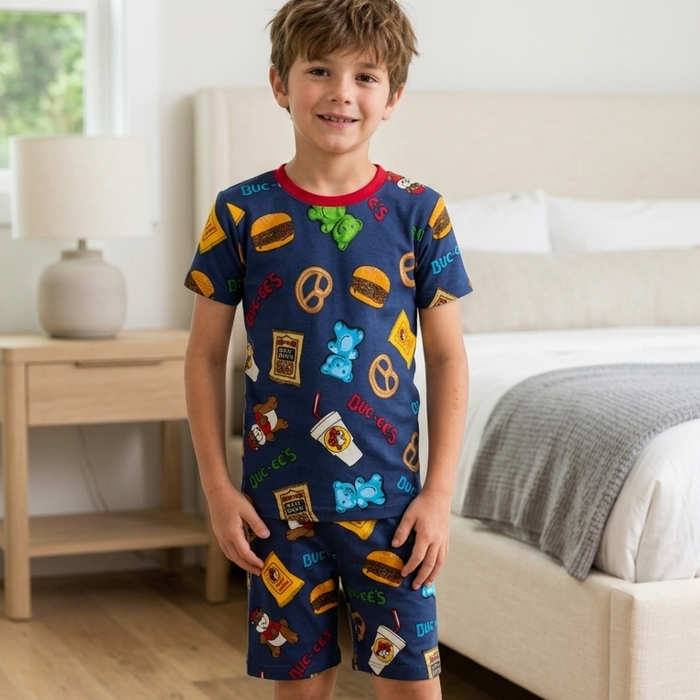 A photograph of a young boy standing in a bright, modern bedroom wearing the Buc-ee's two-piece youth pajama set. The dark blue short-sleeve shirt and matching pajama shorts feature an all-over cartoon print of road trip snacks including brisket sandwiches, pretzels, gummy bears, beef jerky, and bags of treats. The shirt is detailed with a contrasting bright red crewneck collar. The background features a clean, neutral-toned bed and wooden nightstand, keeping the focus entirely on the pajamas.