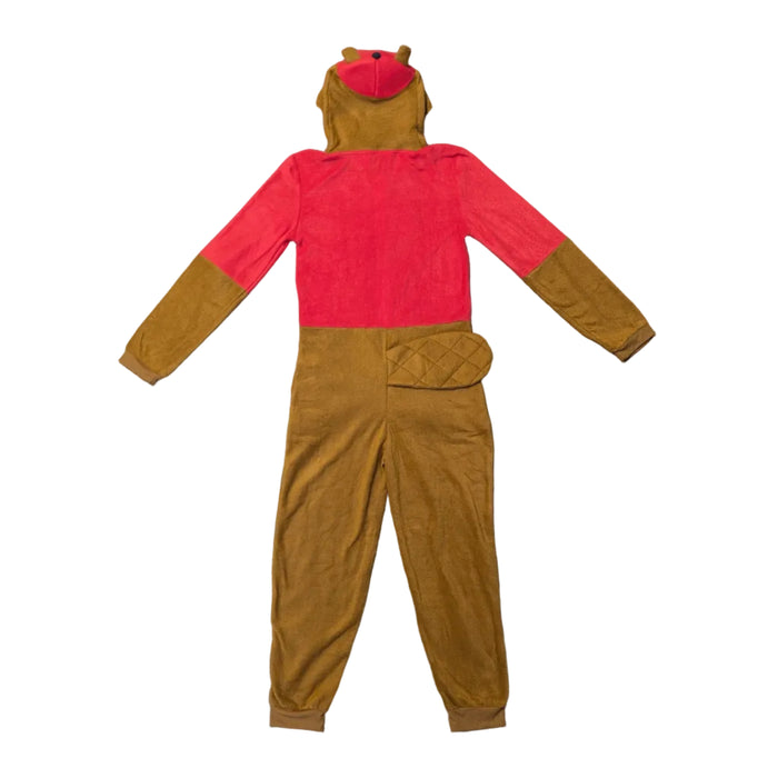 Back view of a Buc-ee's youth union suit on a white background. The one-piece fleece pajama features a solid red upper back and brown lower legs. A notable detail is the quilted brown beaver tail attached to the back of the waist, and the back of the character hood is also visible at the top.