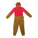 Back view of a Buc-ee's youth union suit on a white background. The one-piece fleece pajama features a solid red upper back and brown lower legs. A notable detail is the quilted brown beaver tail attached to the back of the waist, and the back of the character hood is also visible at the top.