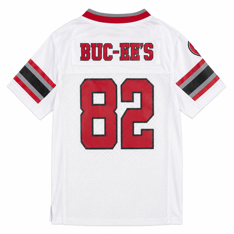 Back view of a white youth football jersey showing "BUC-EE'S" above a large red number "82" on the back mesh panel.