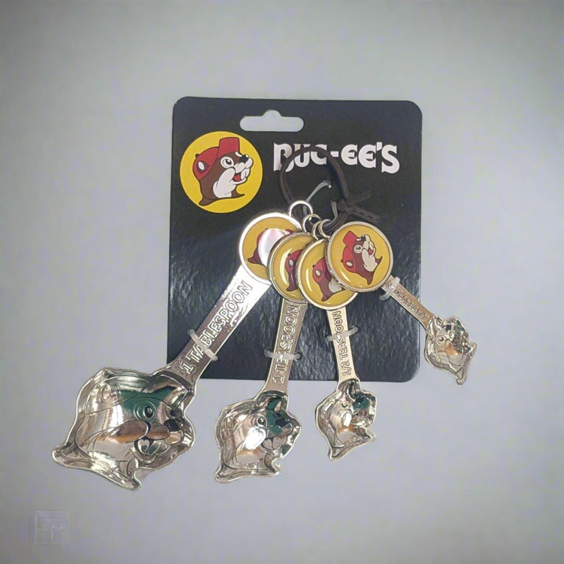 Buc-ee's Zinc Measuring Spoons. Heavy Zinc material with the classic logo on the top and the shape of the beaver head at the bottom where you use it. 