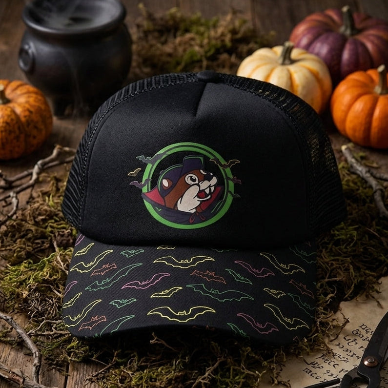 Buc-ee's glow-in-the-dark neon bat trucker hat halloween background.