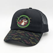 Buc-ee's glow-in-the-dark neon bat trucker hat white background.