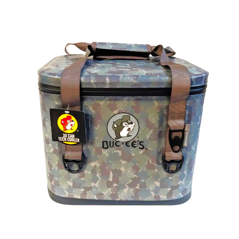 Gray camo Buc-ee's 30-can soft tech cooler with Buc-ee the Beaver logo and hang tag, front view