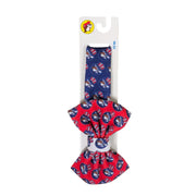 Navy and red Buc-ee's red, white and blue headband with large bow on a display card, on white