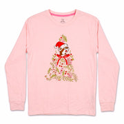 Light pink long sleeve Christmas shirt laid flat with a tree made of Santa Buc-ee and bows