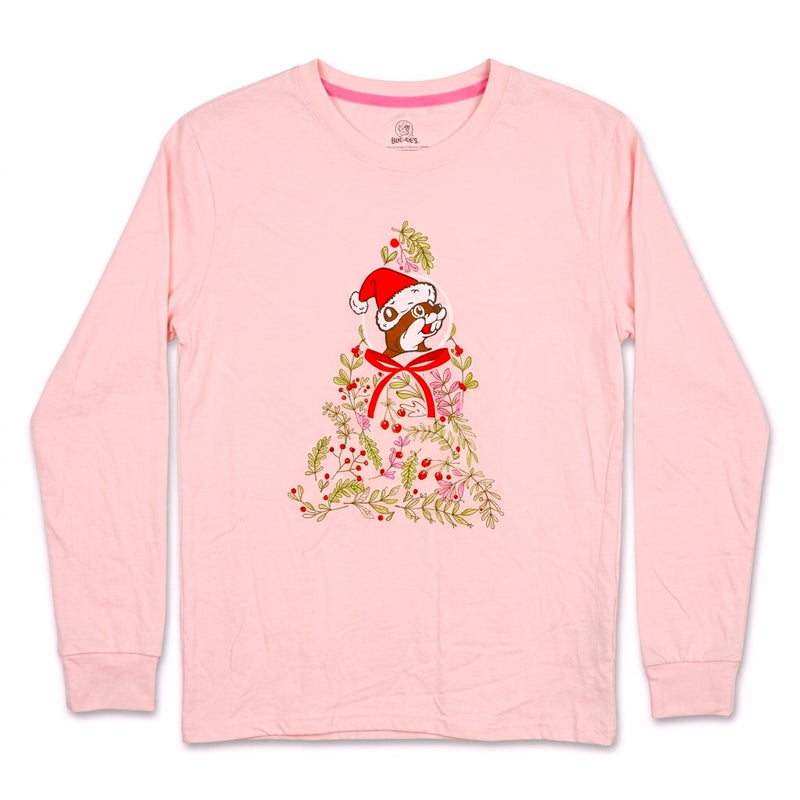 Light pink long sleeve Christmas shirt laid flat with a tree made of Santa Buc-ee and bows
