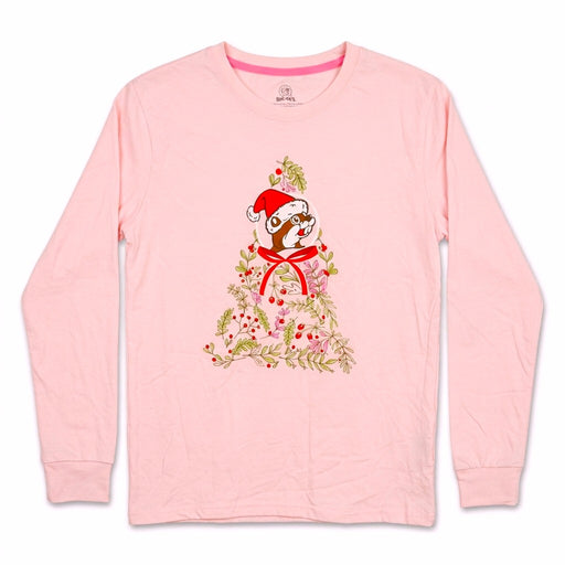 Light pink long sleeve Christmas shirt laid flat with a tree made of Santa Buc-ee and bows