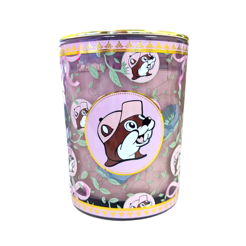 Lavender Buc-ee's Blossoms and Bows scented candle with Buc-ee the Beaver label, on white
