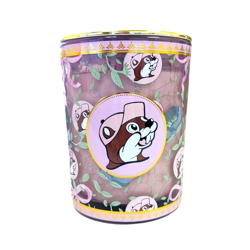 Lavender Buc-ee's Blossoms and Bows scented candle with Buc-ee the Beaver label, on white