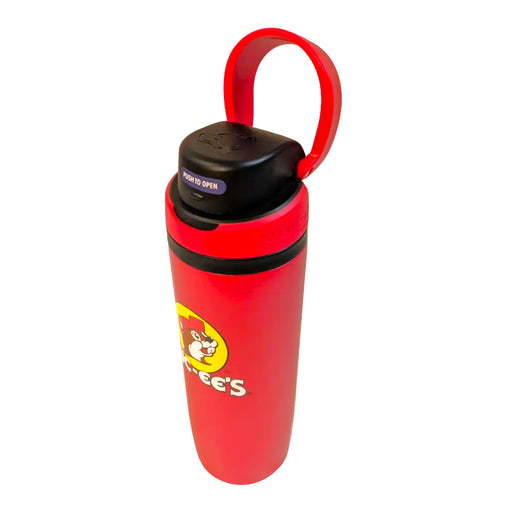 Red Buc-ee's Hydrobubble tumbler, side view showing the carry loop lid, on white
