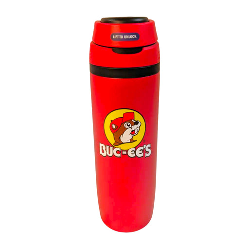 Red Buc-ee's Hydrobubble tumbler with Buc-ee the Beaver logo, front view on white