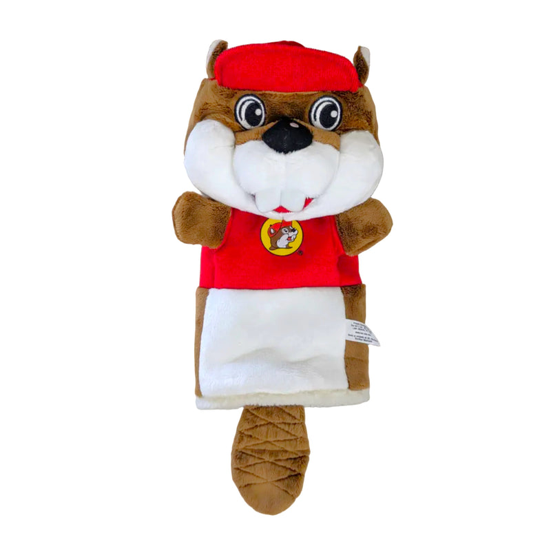 Plush Buc-ee the Beaver golf club headcover with red cap, front view on white