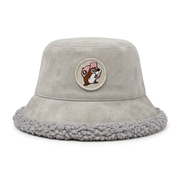 Buc-ee's light gray faux-suede bucket hat with a fuzzy light gray sherpa interior lining and brim trim, featuring a circular front patch of Buc-ee the Beaver wearing a pink cap.