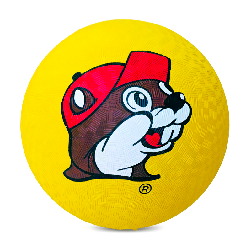 Buc-ee’s yellow rubber dodgeball with a textured grip surface and the red-capped beaver mascot printed on the side