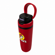 Red Buc-ee's Hydrobubble tumbler, side view showing the carry loop lid, on white