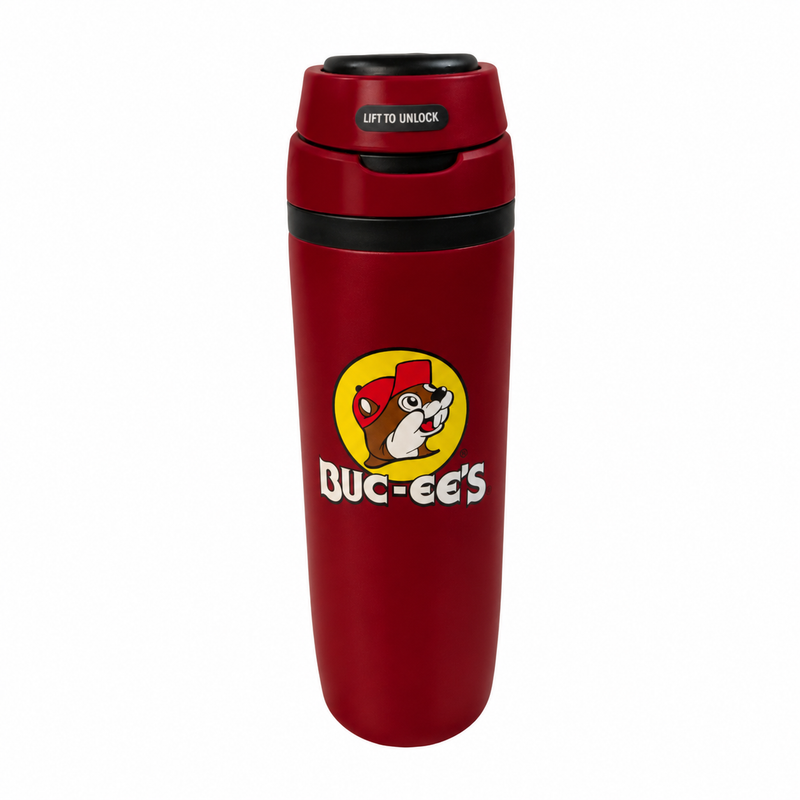 Red Buc-ee's Hydrobubble tumbler with Buc-ee the Beaver logo, front view on white