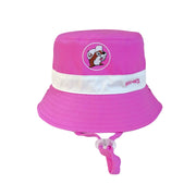 Pink Buc-ee's infant bucket hat with white band and chin strap, pink side out