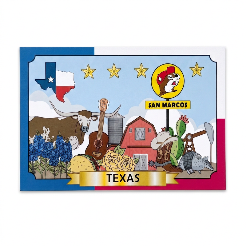 Buc-ee's San Marcos Texas postcard with longhorn, barn and Buc-ee the Beaver