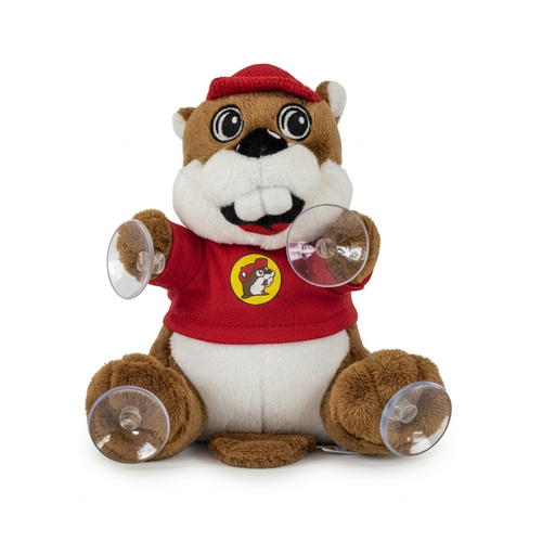 Buc-ee the Beaver suction cup plush in red shirt and cap with four suction cups