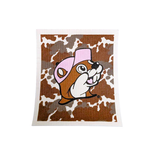 Brown and white cow print Buc-ee's Swedish dishcloth with Buc-ee the Beaver