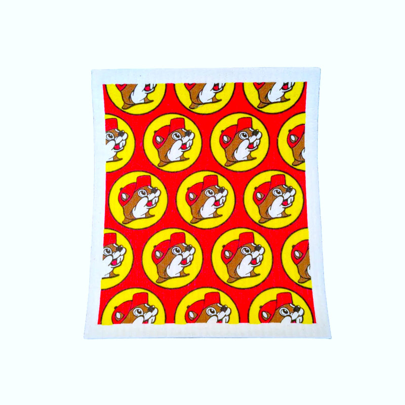 Red Buc-ee's Swedish dishcloth with repeating Buc-ee the Beaver logos