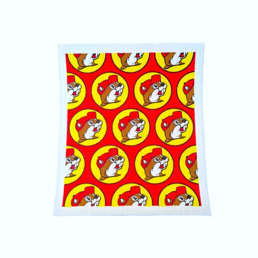 Red Buc-ee's Swedish dishcloth with repeating Buc-ee the Beaver logos