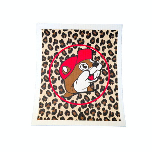 Tan leopard print Buc-ee's Swedish dishcloth with red Buc-ee the Beaver circle