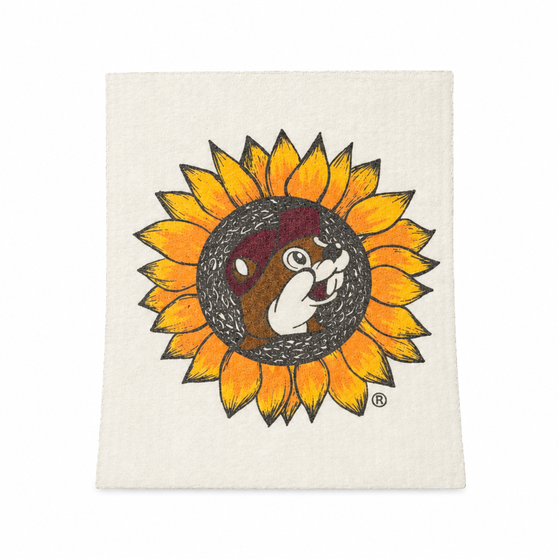 Cream Buc-ee's Swedish dishcloth with a sunflower around Buc-ee the Beaver