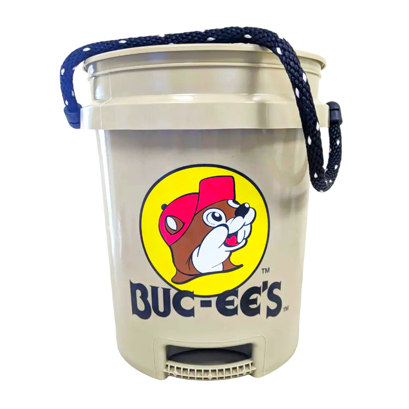 Tan Buc-ee's 5-gallon bucket with Buc-ee the Beaver logo and rope handle on white