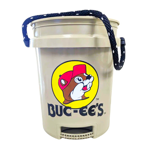 Tan Buc-ee's 5-gallon bucket with Buc-ee the Beaver logo and rope handle on white