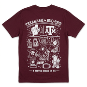 Buc-ee’s Texas A&M maroon shirt, back view with white “A Match Made in TX” collage of football, Beaver Nuggets, and ATM logo