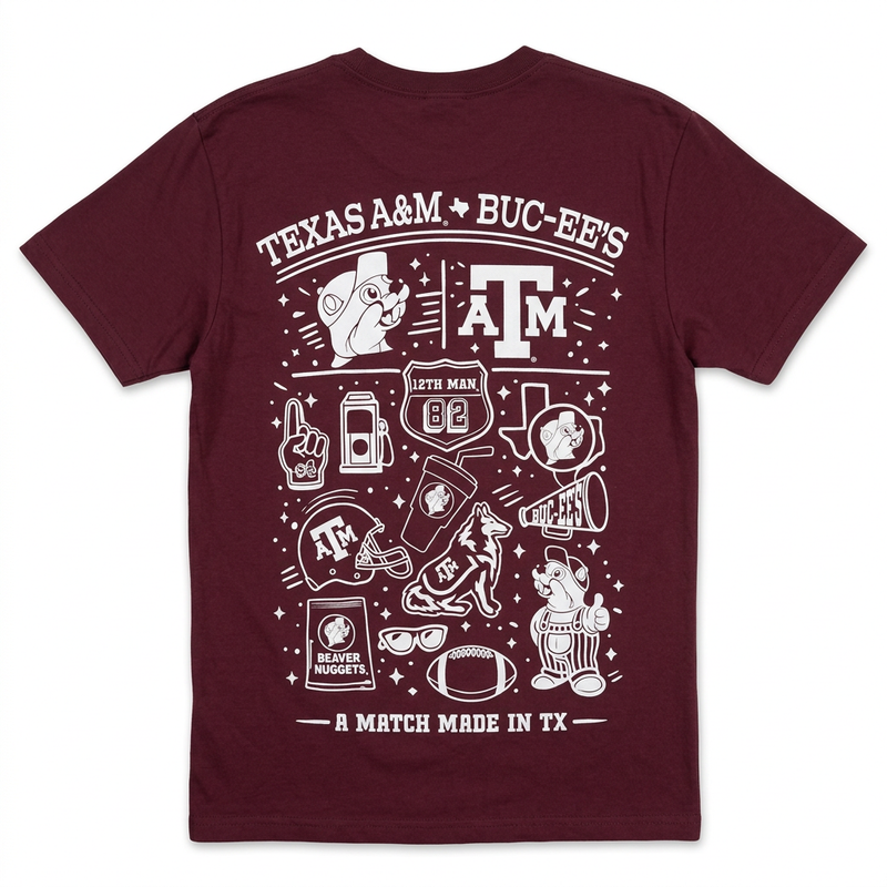 Buc-ee’s Texas A&M maroon shirt, back view with white “A Match Made in TX” collage of football, Beaver Nuggets, and ATM logo