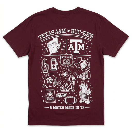 Buc-ee’s Texas A&M maroon shirt, back view with white “A Match Made in TX” collage of football, Beaver Nuggets, and ATM logo
