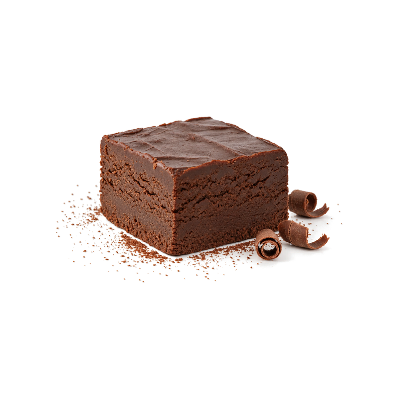 Thick square of Buc-ee's chocolate fudge with chocolate curls and cocoa dusting