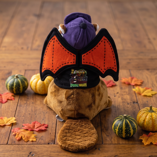 A plush brown animal toy, likely a cat, styled with an autumn Halloween costume. The costume features a purple hood, orange and black bat wings, and a black hat with a colorful 'Happy Halloween' patch.