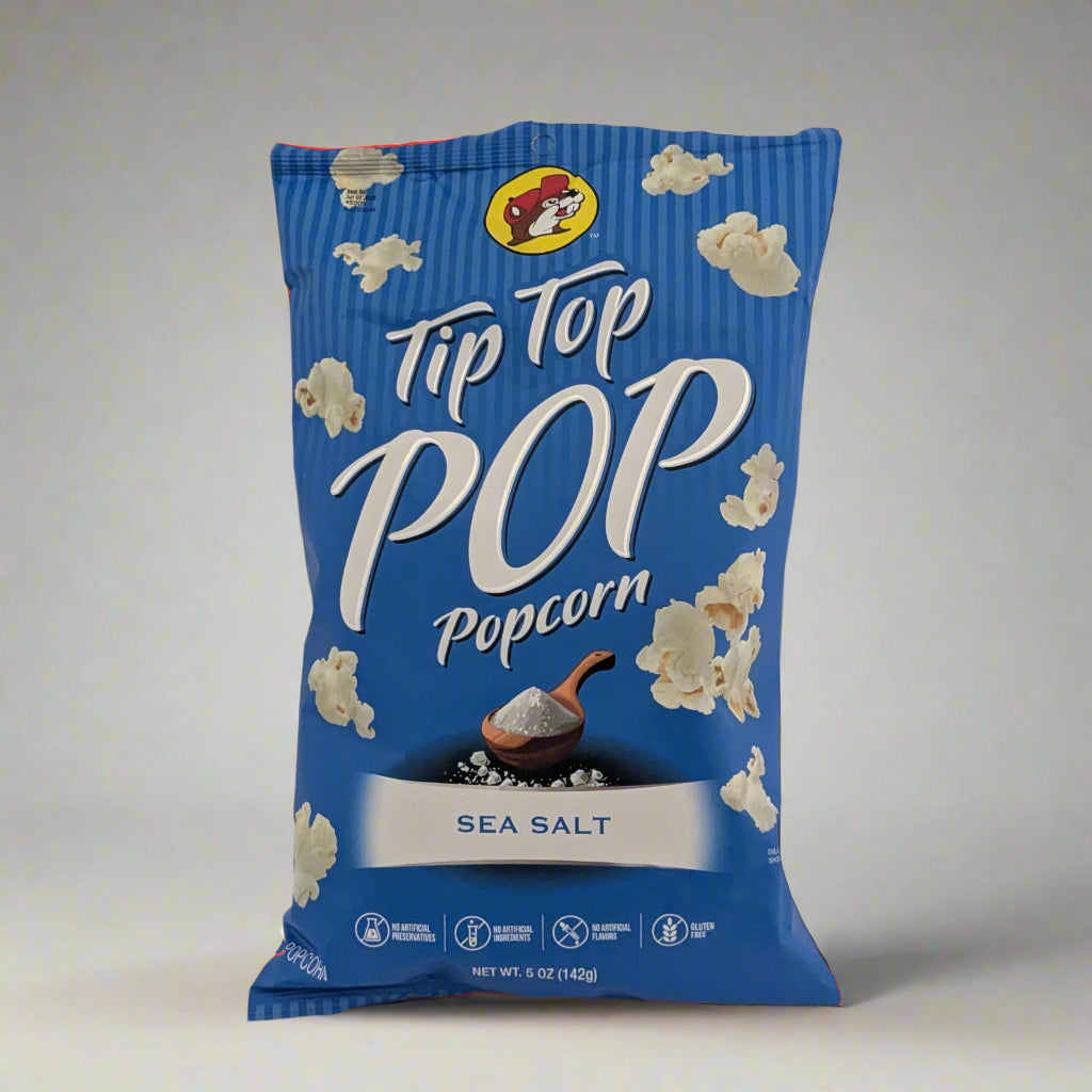 Buc-ee's Tip Top Pocorn Sea Salt flavor in a blue bag.