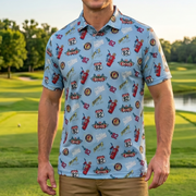 Man wearing a patterned shirt standing on a golf course
