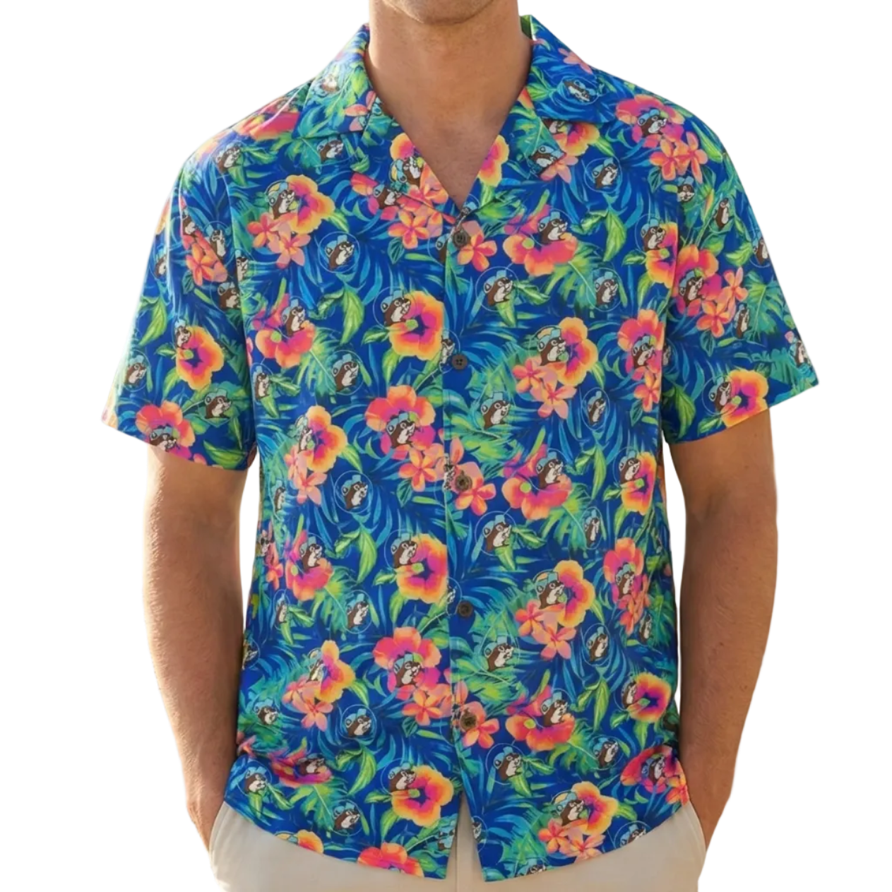 Close-up of the blue Buc-ee's tropical floral camp shirt with pink hibiscus print